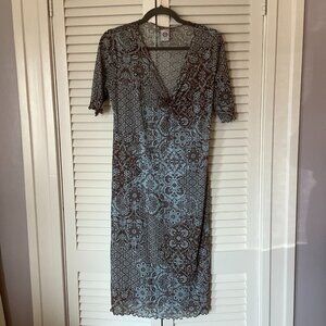 JW women's burnout dress v-neck short sleeves medium pattern brown blue vintage